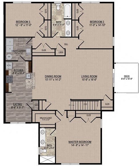 Floor plan for 3 beds, 2 baths, 1691 sqft